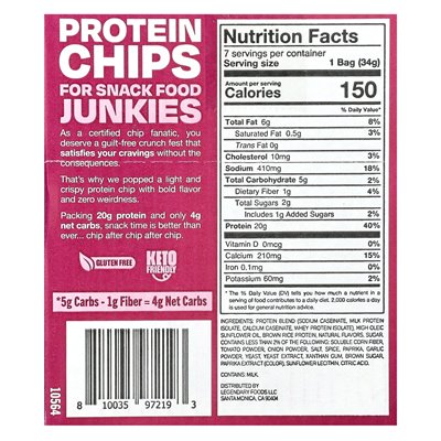 Legendary Foods, Protein Pop Chips, Grill, 7 Bags, 1.2 oz (34 g) Each