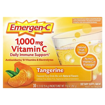 Emergen-C, Vitamin C, Flavored Fizzy Drink Mix, Tangerine, 1,000 mg, 30 Packets, 0.33 oz (9.4 g) Each Emergen-C, Vitamin C, Flavored Fizzy Drink Mix, Tangerine, 1,000 mg, 30 Packets, 0.33 oz (9.4 g) Each