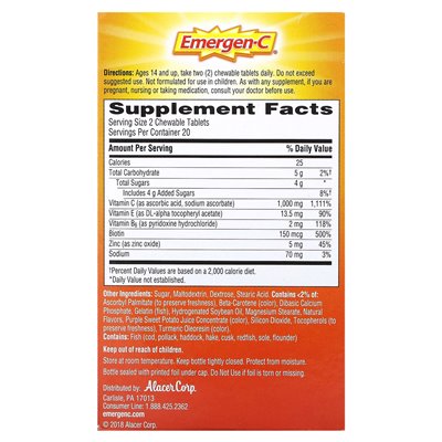 Emergen-C, Vitamin C Chewable, Orange Burst, 1000 mg, 40 Chewable Tablets (500 mg per tablet)