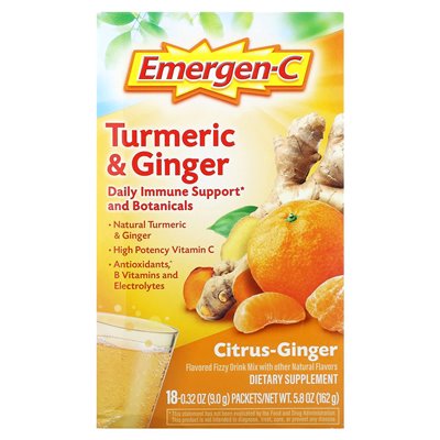 Emergen-C, kurkum i imbir, cytrus-siper, 18 pakietów, 0,32 uncji (9 g) każdy Emergen-C, kurkum i imbir, cytrus-siper, 18 pakietów, 0,32 uncji (9 g) każdy