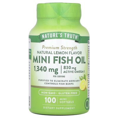Nature's Truth, Mini Fish Oil, wytrzymałość premium, naturalna cytryna, 1340 mg, 100 mini miękkich (670 mg na softgel) Nature's Truth, Mini Fish Oil, wytrzymałość premium, naturalna cytryna, 1340 mg, 100 mini miękkich (670 mg na softgel)