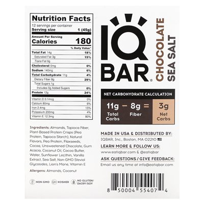 IQBAR, pflanzliches Protein, Schokolade-Meersalz, 12 Riegel, 1,6 oz (45 g)