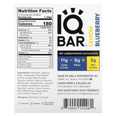 IQBAR, pflanzlicher Proteinriegel, Zitronenbeere, 12 Riegel, 1,6 oz (45 g)