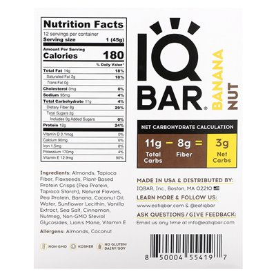 IQBAR, plant protein bar, banana nuts, 12 bars, 1.6 oz (45 g)