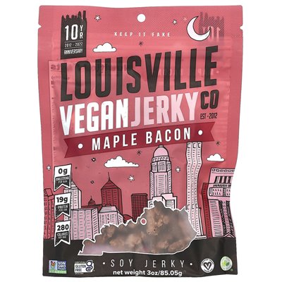 Louisville Vegan Jerky CO, Soy Jerky, Maple Bacon, 3 uncji (85,05 g)
