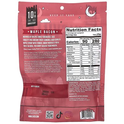 Louisville Vegan Jerky CO, Soy Jerky, Maple Bacon, 3 uncji (85,05 g)