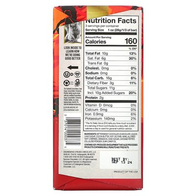 Endangered Species Chocolate, Dark Chocolate, Cinnamon Cayenne & Cherries, 60% Cocoa, 3 oz (85 g)