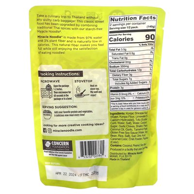 Miracle Noodle, ready meal, pad thai + plant-based noodles, 9.9 oz (280 g)