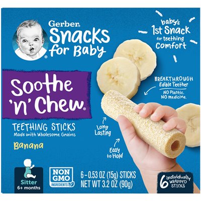 Gerber, przekąski dla dziecka, uspokaja się, ząbkowania, 6+ miesięcy, banan, 6 indywidualnie owinięte patyczki, 0,53 uncji (15 g Gerber, przekąski dla dziecka, uspokaja się, ząbkowania, 6+ miesięcy, banan, 6 indywidualnie owinięte patyczki, 0,53 uncji (15 g