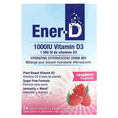 Ener-C, Ener-D, Vitamin D3, feuchtigkeitsspendende Getränkemischung, zuckerfrei, Himbeere, 1000 mg, 24 Päckchen