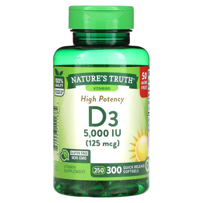 Nature's Truth, Vitamin D3 D3, 125 MCG (5000 IU), 300 Softgels Szybkie wydanie