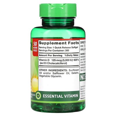 Nature's Truth, Vitamin D3 D3, 125 MCG (5000 IU), 300 Softgels Szybkie wydanie