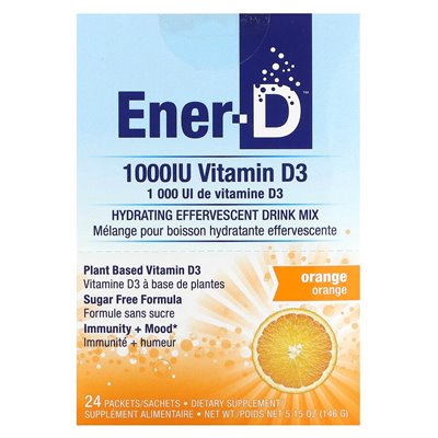 Ener-C, Ener-D, Vitamin D3, Hydration Drink Mix, Sugar Free, Orange, 1000mg, 24 Packets