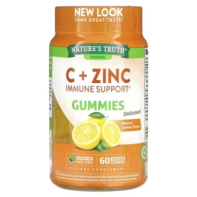 Nature's Truth, C + cynk, wsparcie immunologiczne, naturalna cytryna, 60 wegańskich żelków
