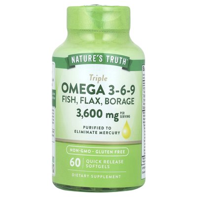 Nature's Truth, Triple Omega 3-6-9, Fish, Len, Borage, 3600 mg, 60 Softgels szybkiego uwalniania (1200 mg na miękką)