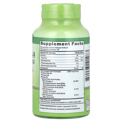 Nature's Truth, Triple Omega 3-6-9, Fish, Len, Borage, 3600 mg, 60 Softgels szybkiego uwalniania (1200 mg na miękką)