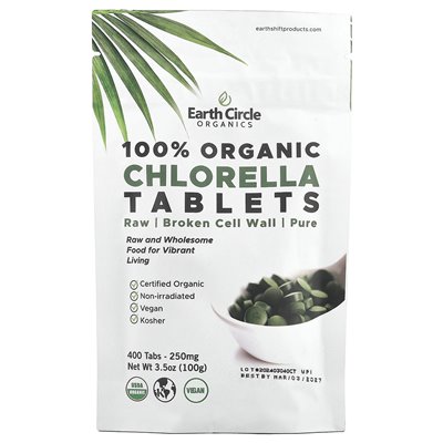 Earth Circle Organics, 100% organiczne tabletki chlorella, 250 mg, 400 tabletek (62 mg na tablet)