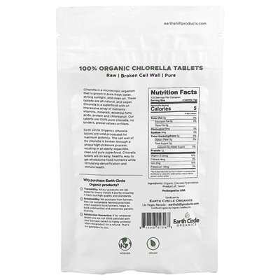 Earth Circle Organics, 100% organiczne tabletki chlorella, 250 mg, 400 tabletek (62 mg na tablet)