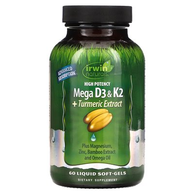 Irwin Naturals, Ekstrakt z kurkumy o dużej mocy Mega D3 & K2 +, 60 płynnych miękkich mokretów Irwin Naturals, Ekstrakt z kurkumy o dużej mocy Mega D3 & K2 +, 60 płynnych miękkich mokretów