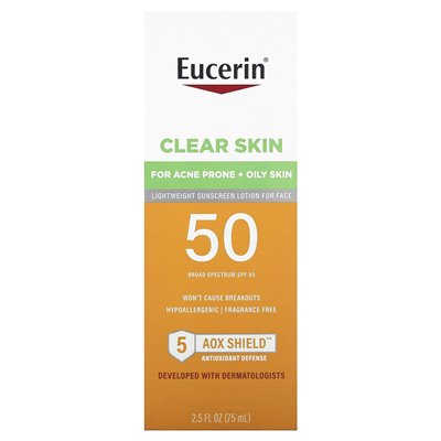 Eucerin, przezroczystość, lekki balsam do opalania na twarz, SPF 50, bez zapachu, 2,5 fl oz (75 ml)