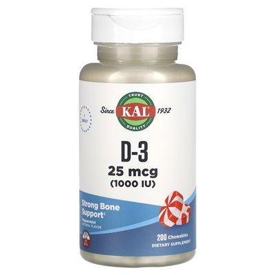 KAL, D-3, Peppermint, 25 mcg (1000 IU), 200 chews