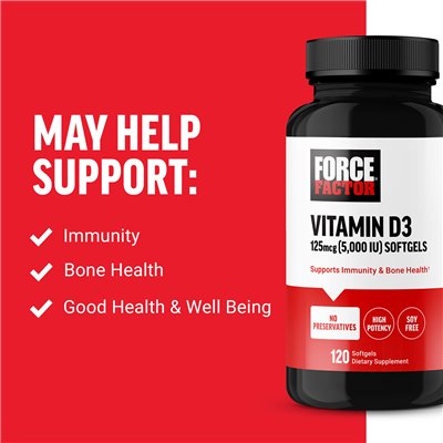 Force Factor, Vitamin D3, 125 mcg (5,000 IU), 120 Softgels