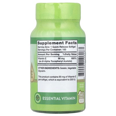 Nature's Truth, witamina E, wysoka moc, 90 mg (200 IU), 100 miękkich zwolnień