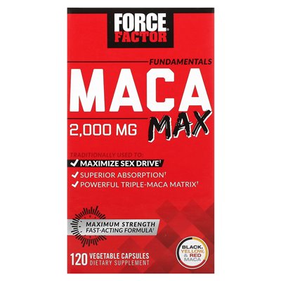 Force Factor, Podstawy, Maca Max, 2000 mg, 120 kapsułek roślinnych (500 mg na kapsułkę)