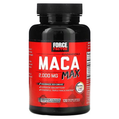 Force Factor, Podstawy, Maca Max, 2000 mg, 120 kapsułek roślinnych (500 mg na kapsułkę)