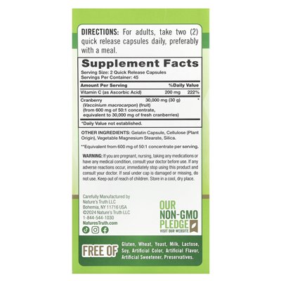 Nature's Truth, Cranberry Concentrate plus witamina C, potrójna siła, 90 kapsułek szybkiego uwalniania Nature's Truth, Cranberry Concentrate plus witamina C, potrójna siła, 90 kapsułek szybkiego uwalniania