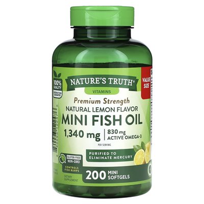 Nature's Truth, Mini Fish Oil, wytrzymałość premium, naturalna cytryna, 1340 mg, 200 mini miękkich (670 mg na softgel) Nature's Truth, Mini Fish Oil, wytrzymałość premium, naturalna cytryna, 1340 mg, 200 mini miękkich (670 mg na softgel)