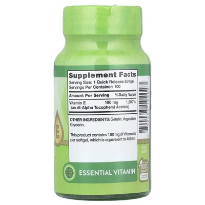 Nature's Truth, Witamina E, wysoka potencja, 180 mg (400 IU), 100 miękkich zwolnień