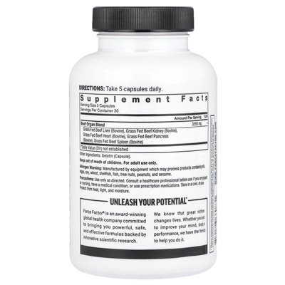 Współczynnik siły, Primal Origins ™, narządy wołowiny karmione trawą, 3500 mg, 150 kapsułek (700 mg na kapsułkę)
