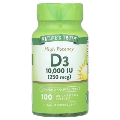 Nature's Truth, witamina D3, wysoka moc, 250 mcg (10 000 IU), 100 miękkich zwolnienia