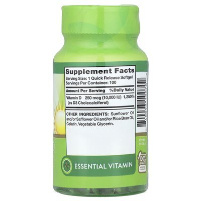 Nature's Truth, Vitamin D3, hochwirksam, 250 mcg (10.000 IE), 100 Weichkapseln