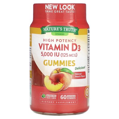 Nature's Truth, Vitamin D3, hochwirksam, natürlicher Pfirsich, 5000 IE (125 mcg), 60 vegetarische Gummibärchen