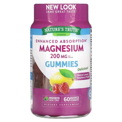 Nature's Truth, Enhanced Absorption Magnesium, Natural Lemon Raspberry, 200 mg, 60 wegańskich żelków (67 mg na gumę)