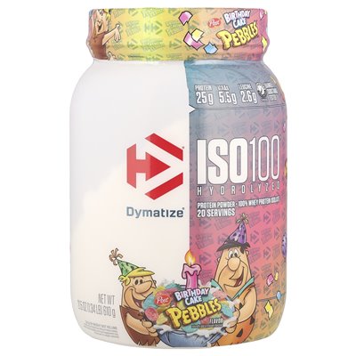 Dymatize, ISO100® Hydrolized, 100% izolat białka serwatki, tort urodzinowy Pebbles ™, 1,34 funta (610 g)