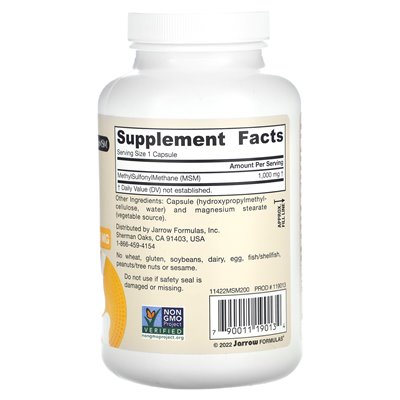Jarrow Formulas, Vegan MSM, 1000 mg, 200 Vegetarian Capsules