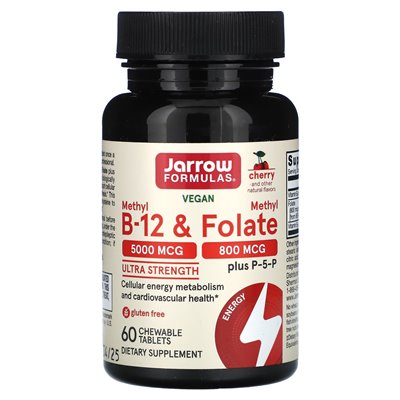 Jarrow Formulas, veganes Methyl-B12 und Methylfolat, ultrastark, Kirsche, 60 Kautabletten