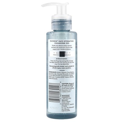 Eucerin, Hydrating Cleansing Gel + Hyaluronic Acid, Face, Fragrance Free, 6.8 fl oz (200 ml)