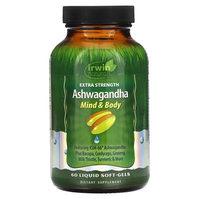 Irwin Naturals, Ashwagandha, dodatkowa wytrzymałość, 60 płynnych miękkich płytów Irwin Naturals, Ashwagandha, dodatkowa wytrzymałość, 60 płynnych miękkich płytów