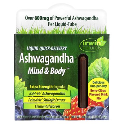 Irwin Naturals, Ashwagandha Mind & Body, Berry-Citrus, 10 płynów, 3,38 fl oz (100 ml) Irwin Naturals, Ashwagandha Mind & Body, Berry-Citrus, 10 płynów, 3,38 fl oz (100 ml)