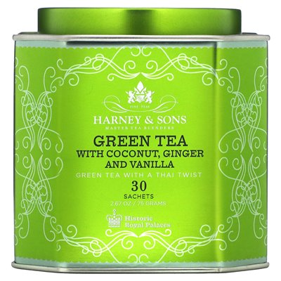 Harney &amp Sons, zielona herbata z kokosem, imbirem i wanilią, 30 saszetrów, 2,67 uncji (75 g)