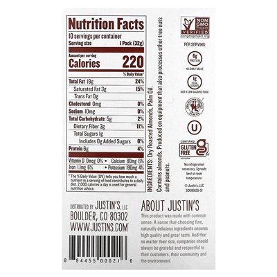 Justin's Peanut Butter, Classic Almond Butter, 10 Squeeze Packs, 1.15 oz (32 g)