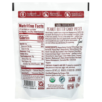 Justin's Peanut Butter, Organic Peanut Butter Candies, Dark Chocolate, 4.5 oz (128 g)