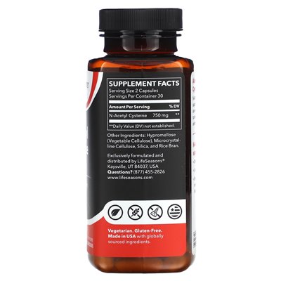 Lifesason, N-acetyl cysteine, 750 mg, 60 veg (375 mg per capsule)