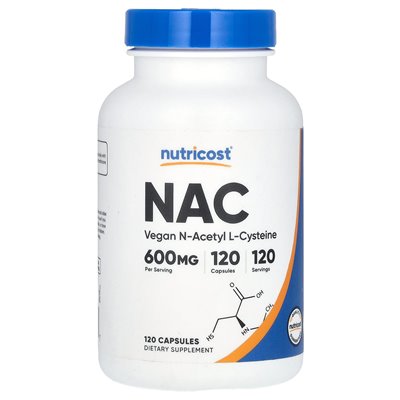 Nutricost, NAC, wegańska n-acetylu L-cysteina, 600 mg, 120 kapsułek