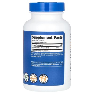 Nutricost, NAC, wegańska n-acetylu L-cysteina, 600 mg, 120 kapsułek