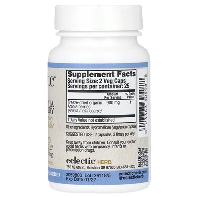 Eklektyczne zioła, zamrozić suszoną Aronię Berry, 900 mg, suplement diety (450 mg na kapsułkę)